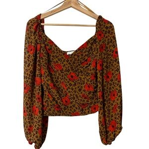 ASTR the Label Floral Leopard Print Puff Sleeve Cropped Shirred Blouse M